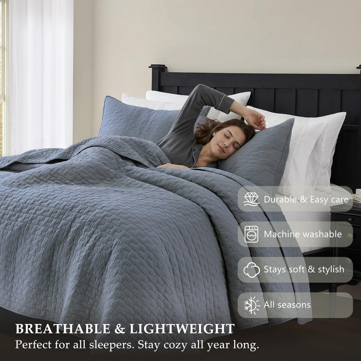 Palassio blue grey bedroom ambience evokes relaxed, shabby chic style.