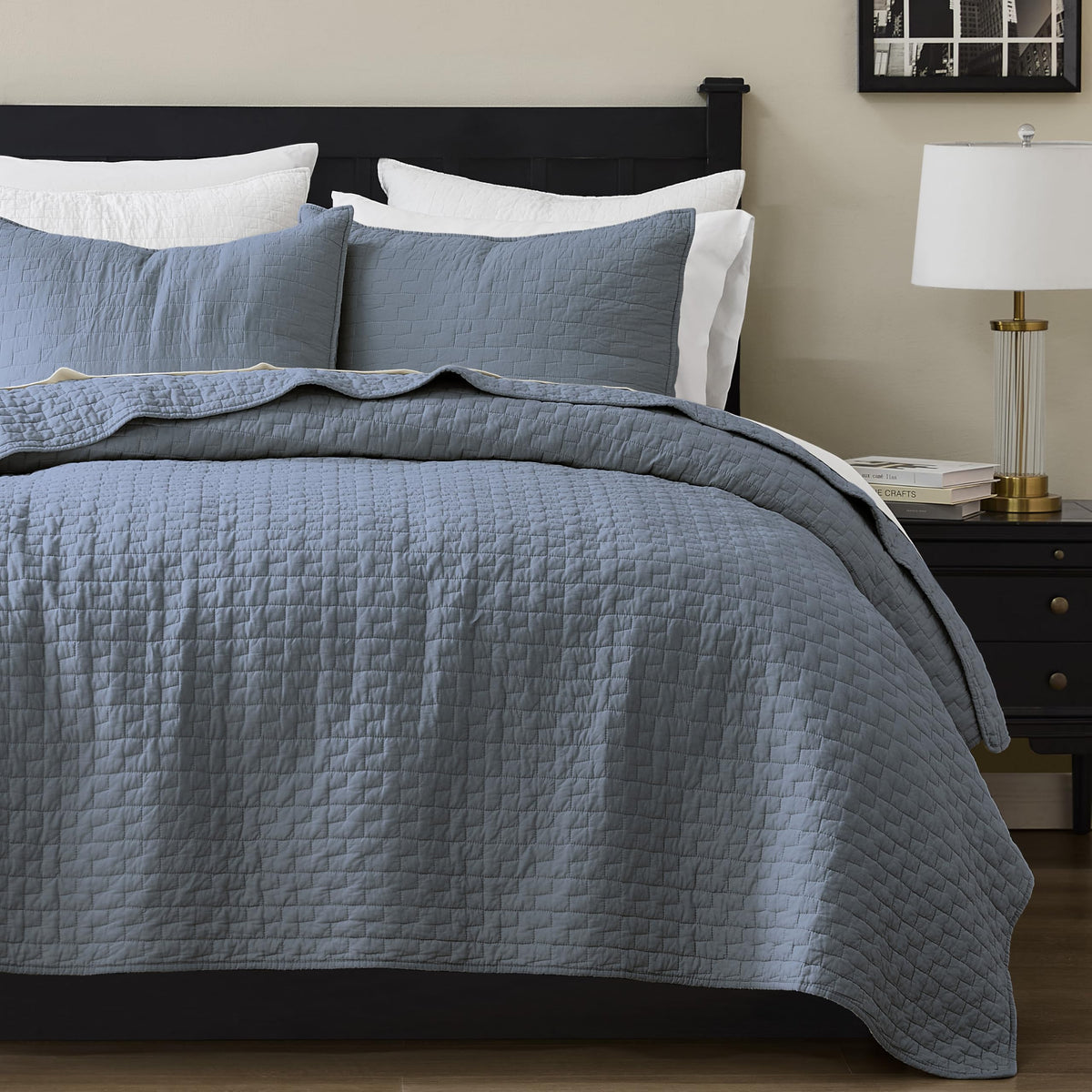 Palassio Blue Grey Cal King quilt on bed highlights breathable 100% cotton and year-round comfort.