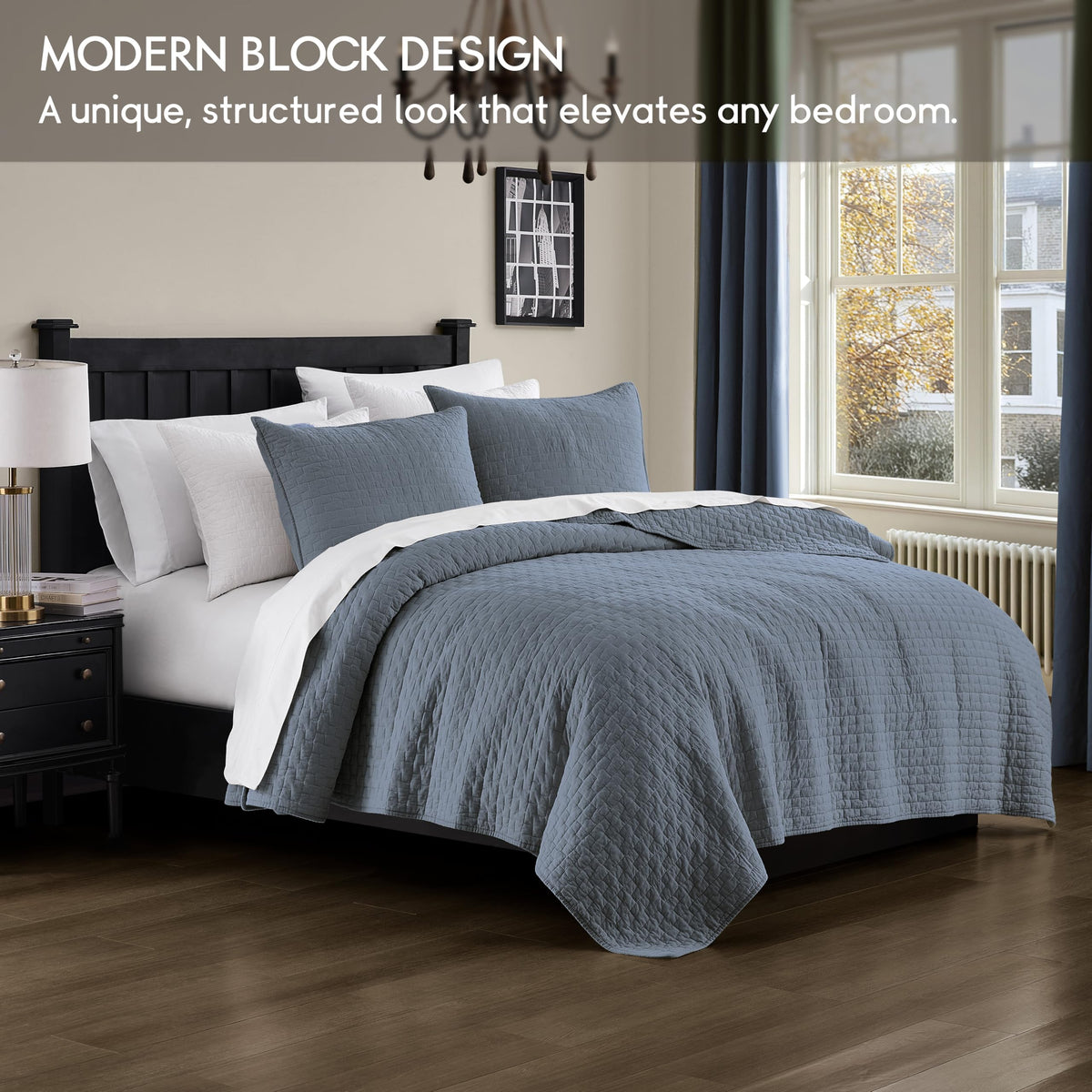 Palassio blue grey quilt stitching closeup shows durable, uniform construction.