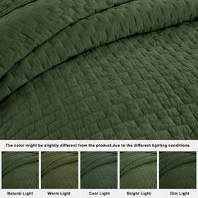 Palassio olive green quilt year round usage on bed demonstrates versatile layering
