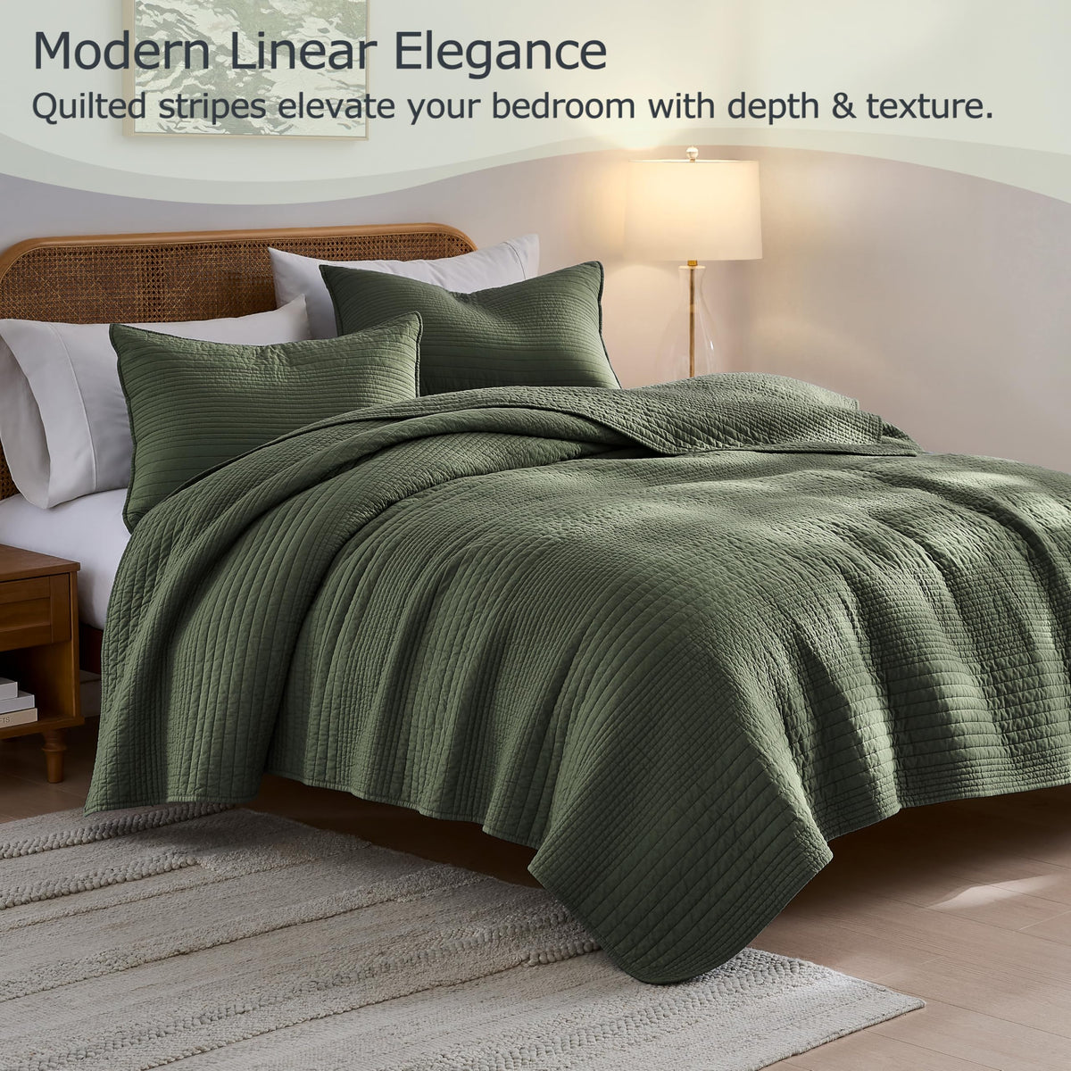Palassio olive-green striped quilt with channel stitch enhancing durability