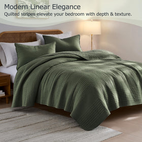 Palassio olive-green striped quilt with channel stitch enhancing durability