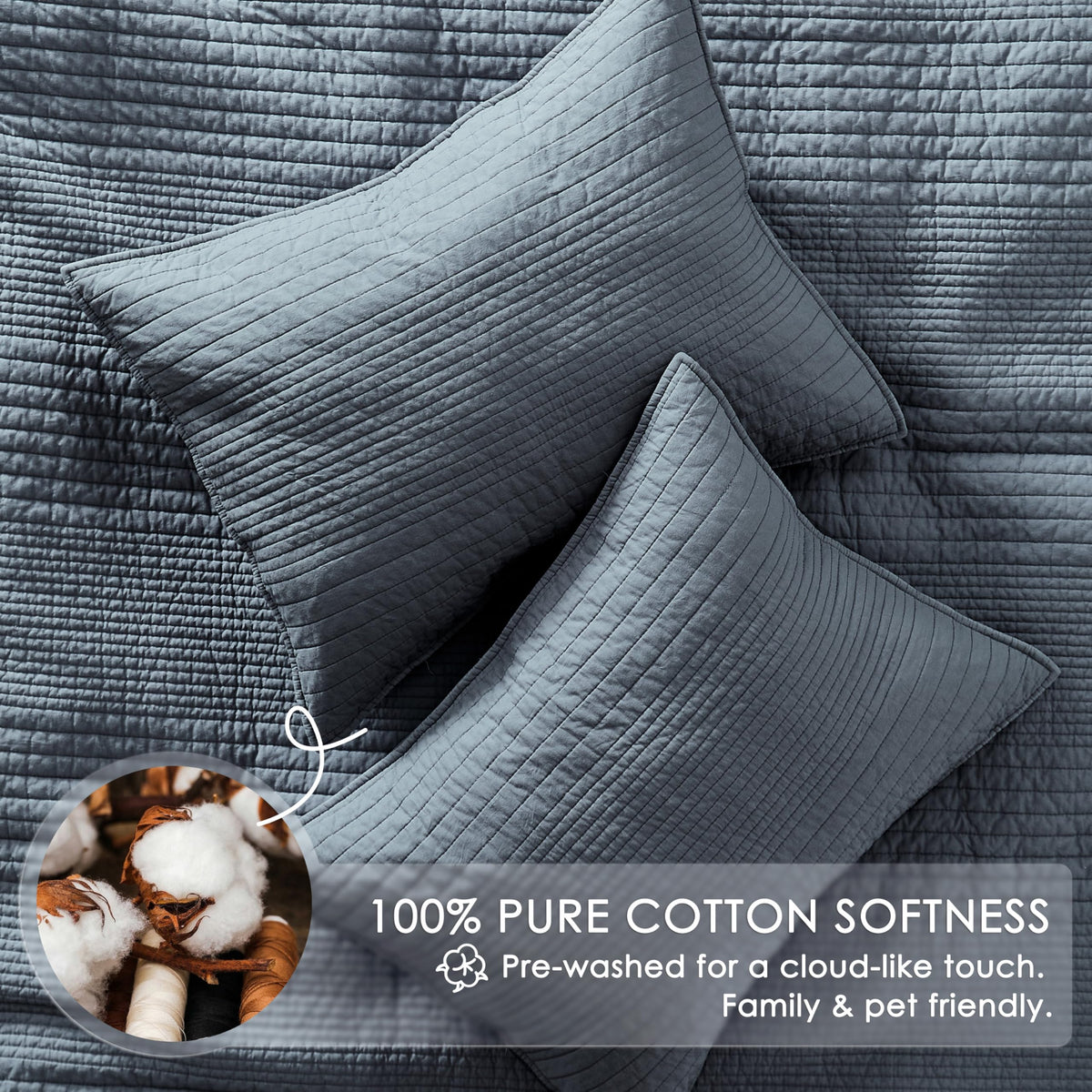 Palassio striped quilt close-up highlighting channel stitches and even fill distribution.