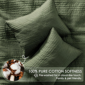 Palassio striped olive green quilt Cal King on bed showcases modern farmhouse aesthetic