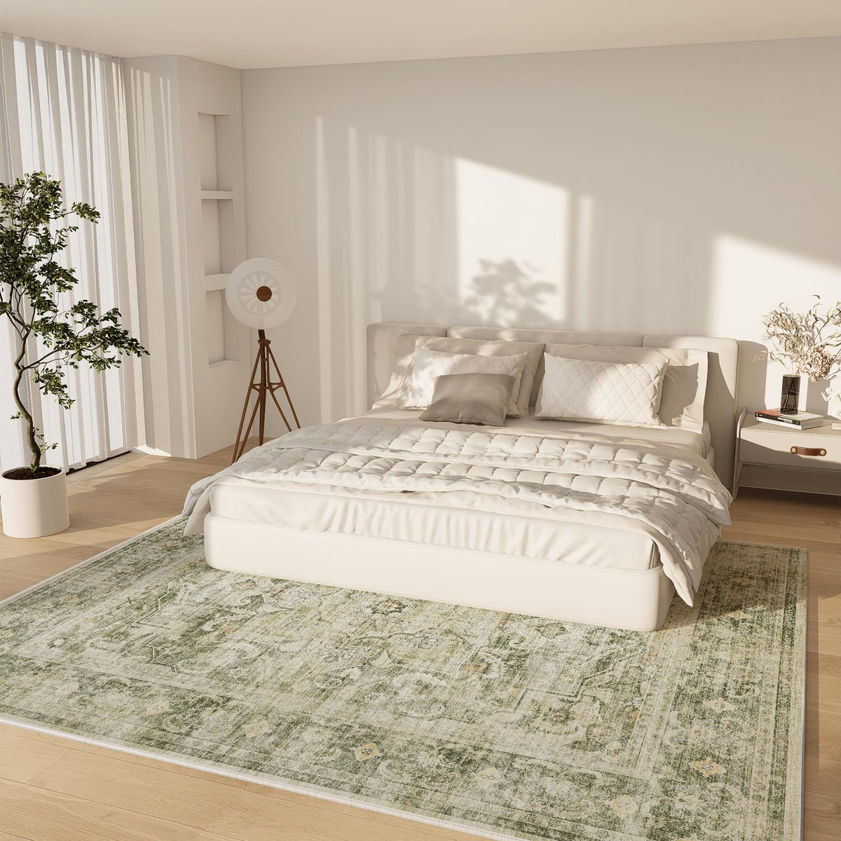 Palohom 8x10 washable rug in bedroom adds warmth and texture.
