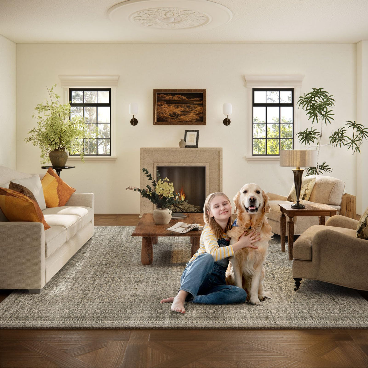 Palohom-abstract-vintage-design blends with decor to brighten entryways and lounges.