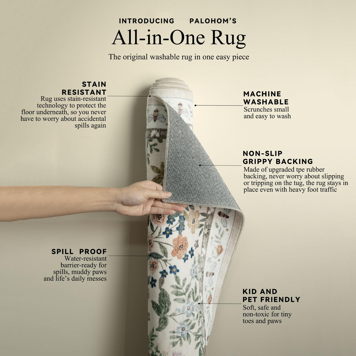 Palohom rug with non-slip backing stays flat during daily activity
