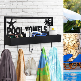 PAMASE pool towel rack front view with five hooks for towels and accessories.