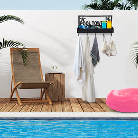 PAMASE pool towel rack wall-mounted view highlights easy 2-in-1 organization.