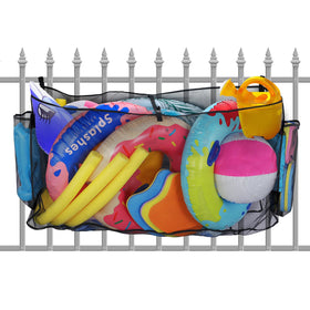 PAMASE pool toy storage bag hanging on fence to organize items