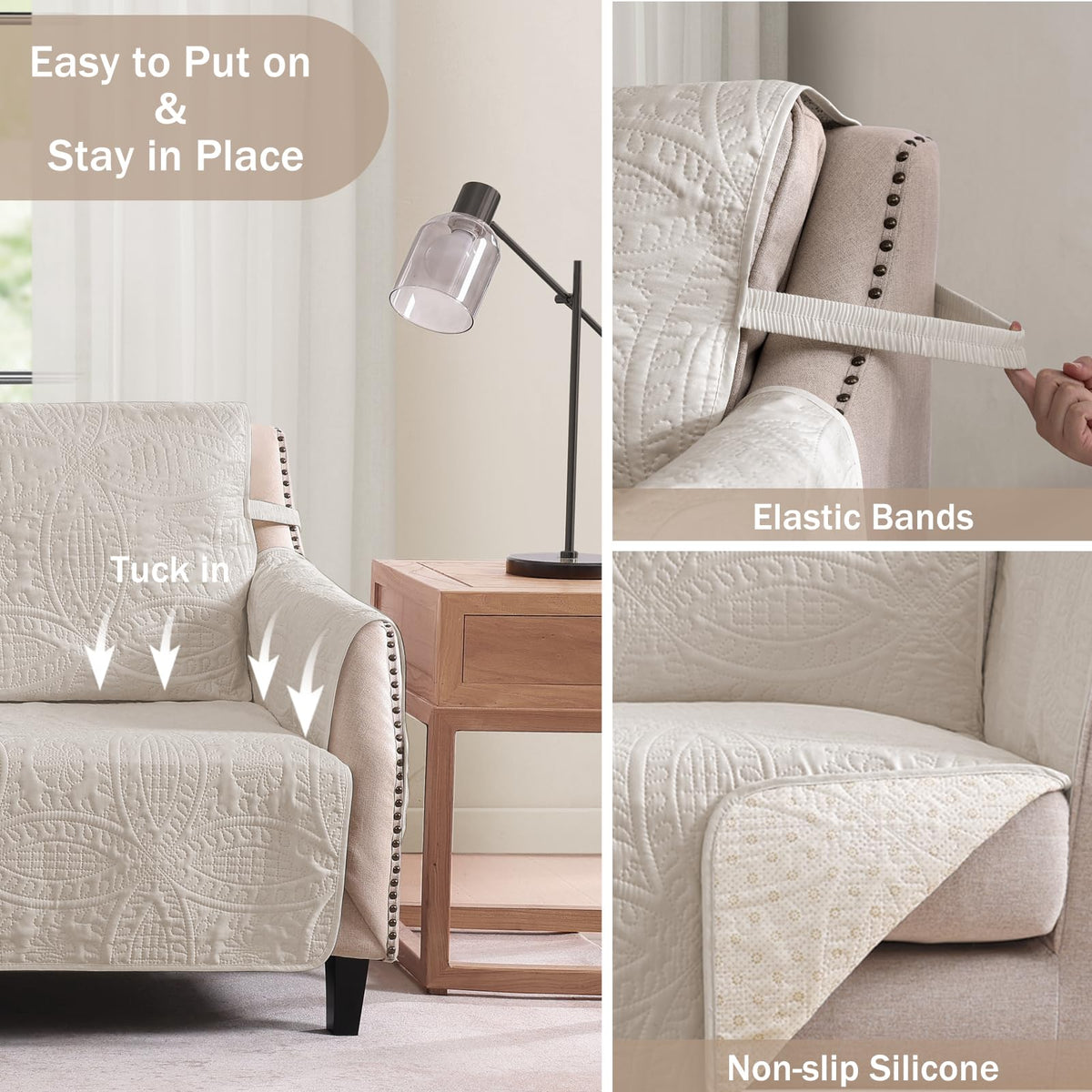 Pamhaven beige-cream slipcover with side pockets keeps remotes handy