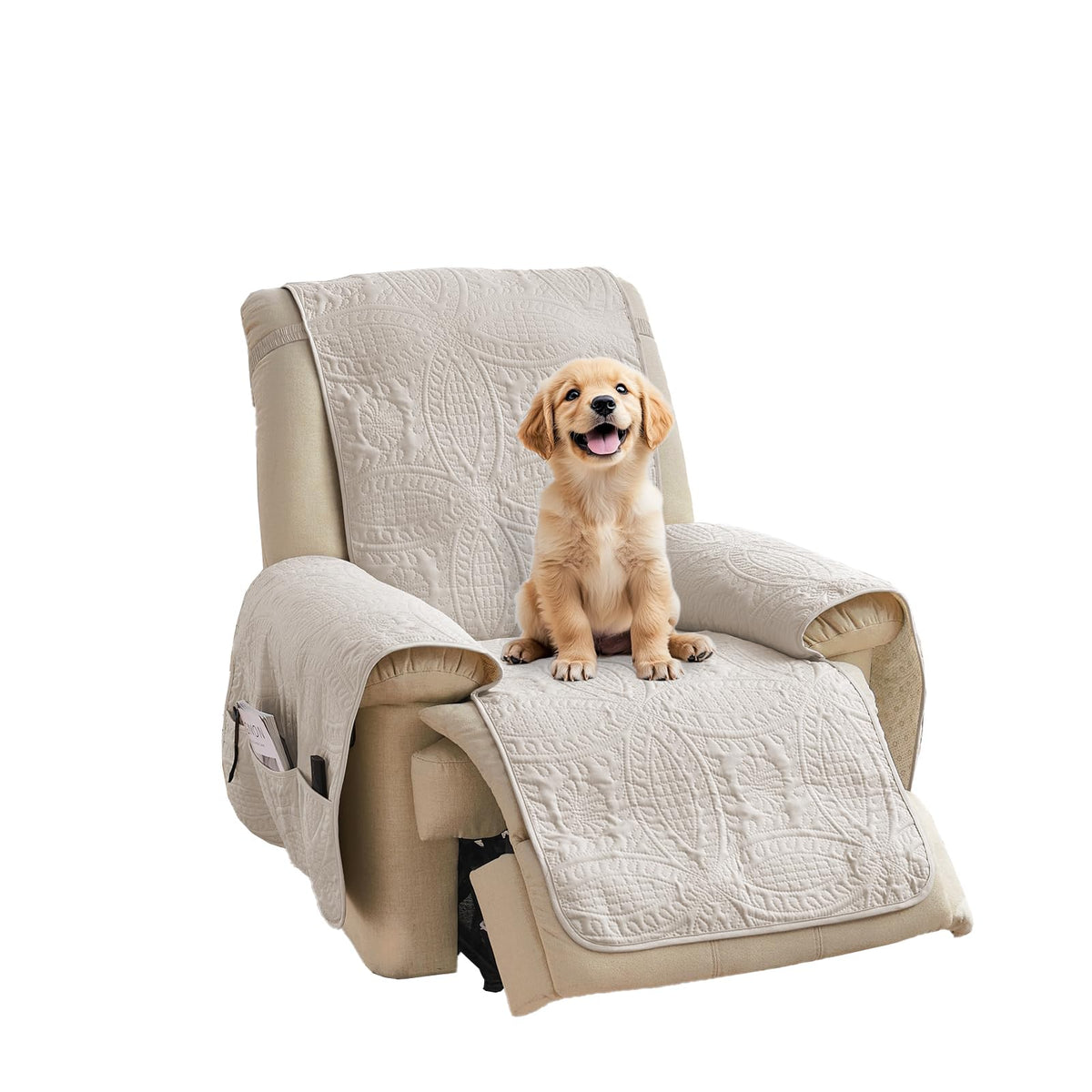 Pamhaven beige quilted recliner cover with medallion design for elegant protection.