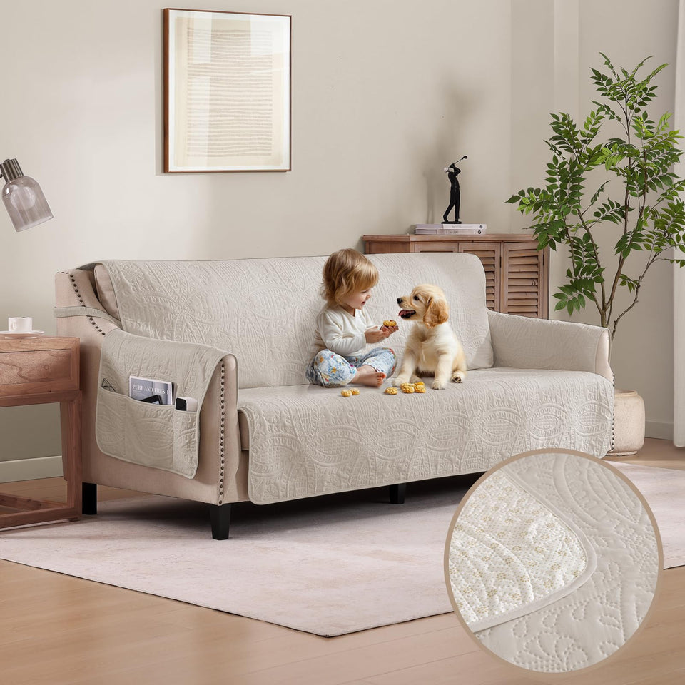 Pamhaven quilted beige sofa slipcover with medallion pattern protecting your couch from spills