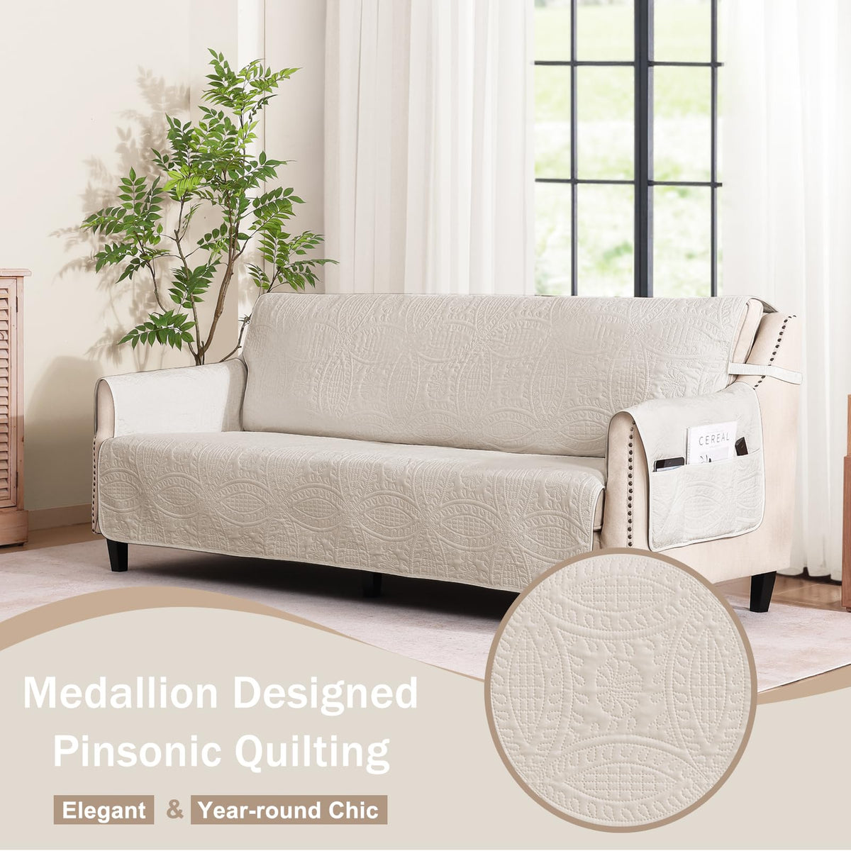 Pamhaven water-repellent microfiber slipcover close-up beads liquids away