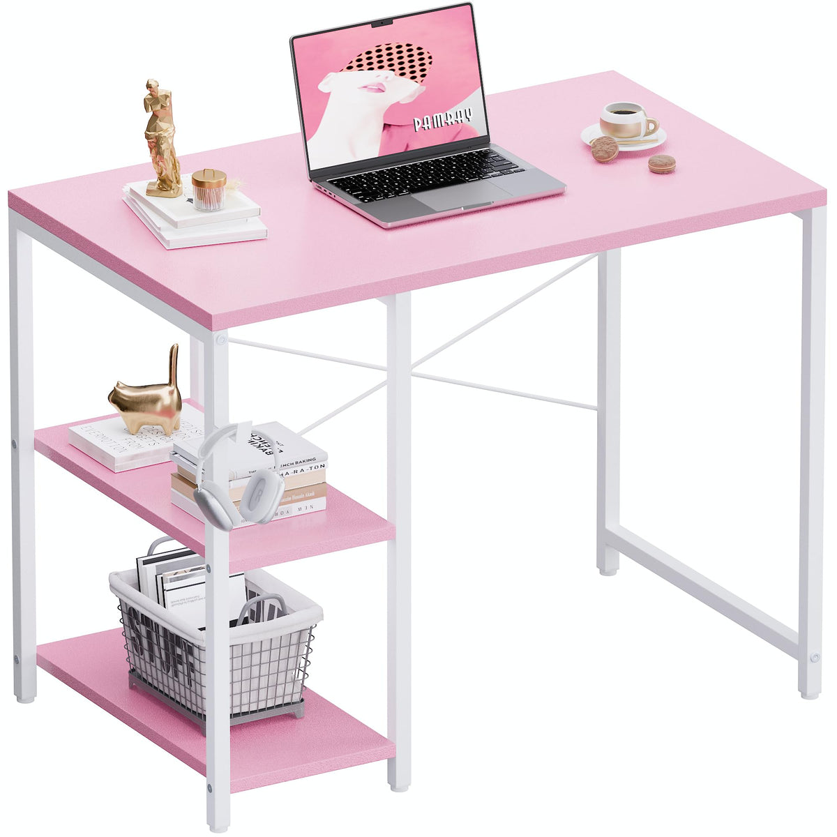 Pamray 32-inch desk with pink finish and built-in shelves for organized workspace