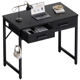 Pamray 32-inch desk with two fabric drawers in black for small spaces