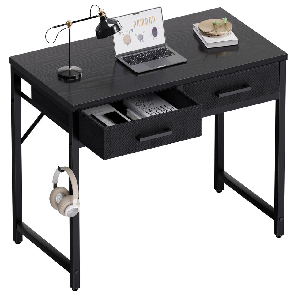 Pamray 32-inch desk with two fabric drawers in black for small spaces