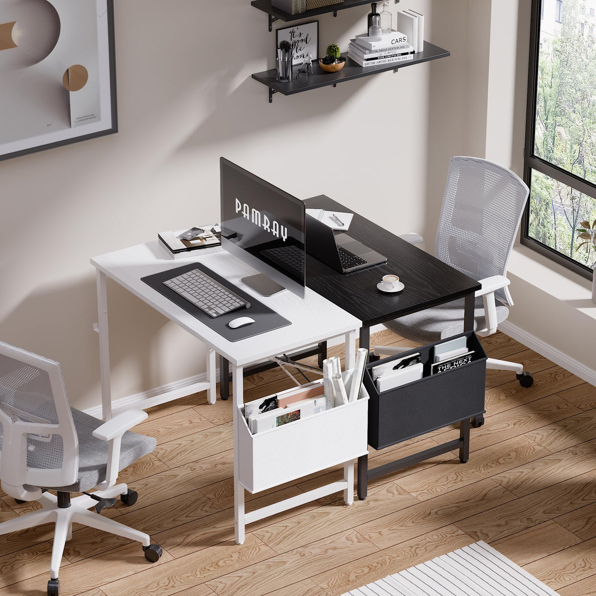 Pamray desk side with storage bag, keeps supplies organized.