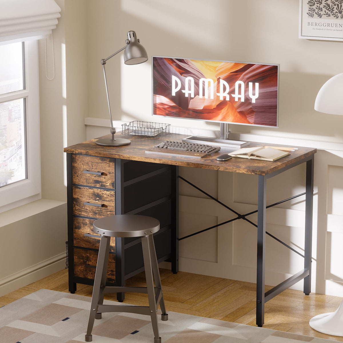 Pamray desk with drawers open shows accessible storage options.