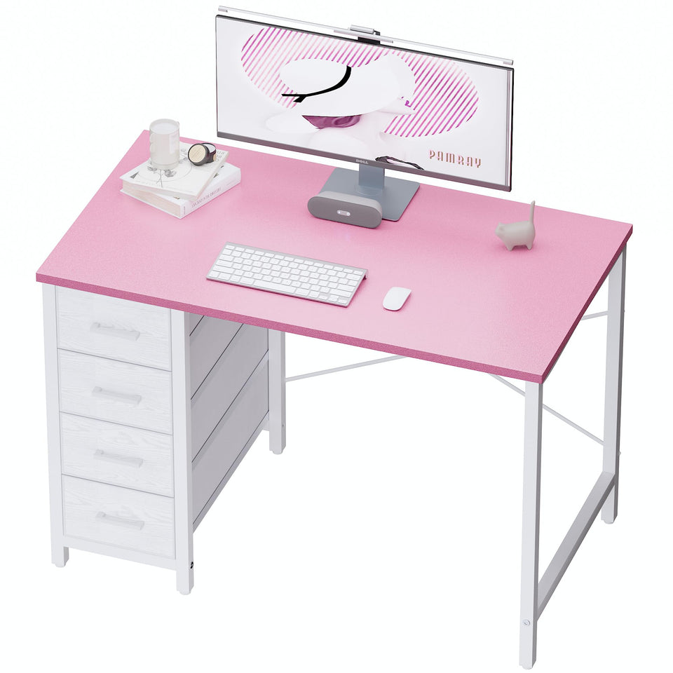 Pamray 32-inch desk with four drawers keeps essentials organized on a pink finish.