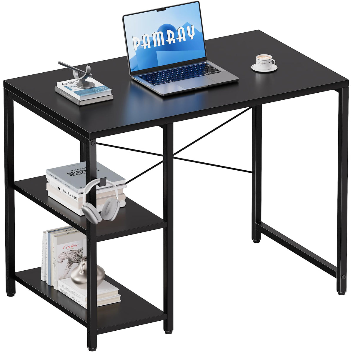 Pamray 32-inch desk with left shelves, ideal for organizing books and gaming gear.