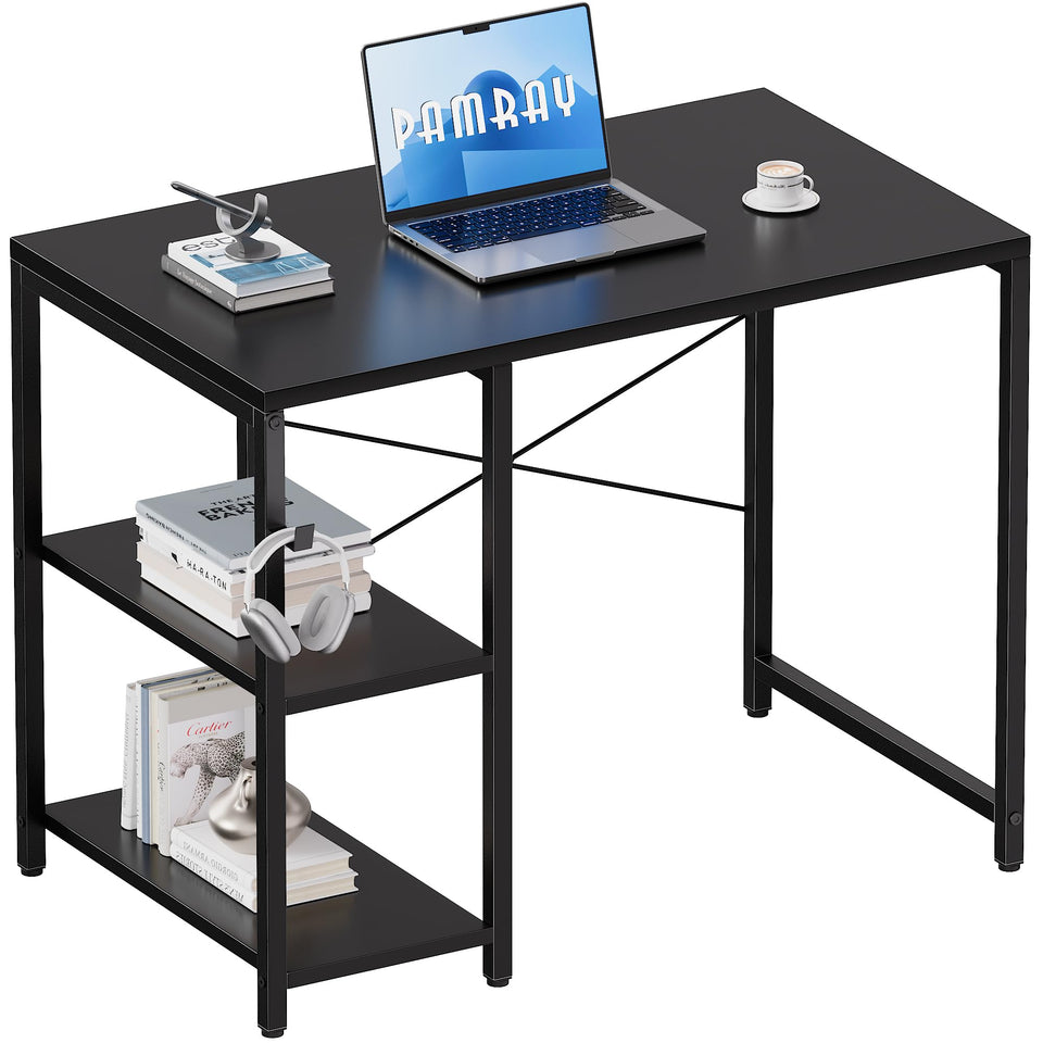 Pamray 32-inch desk with left shelves, ideal for organizing books and gaming gear.