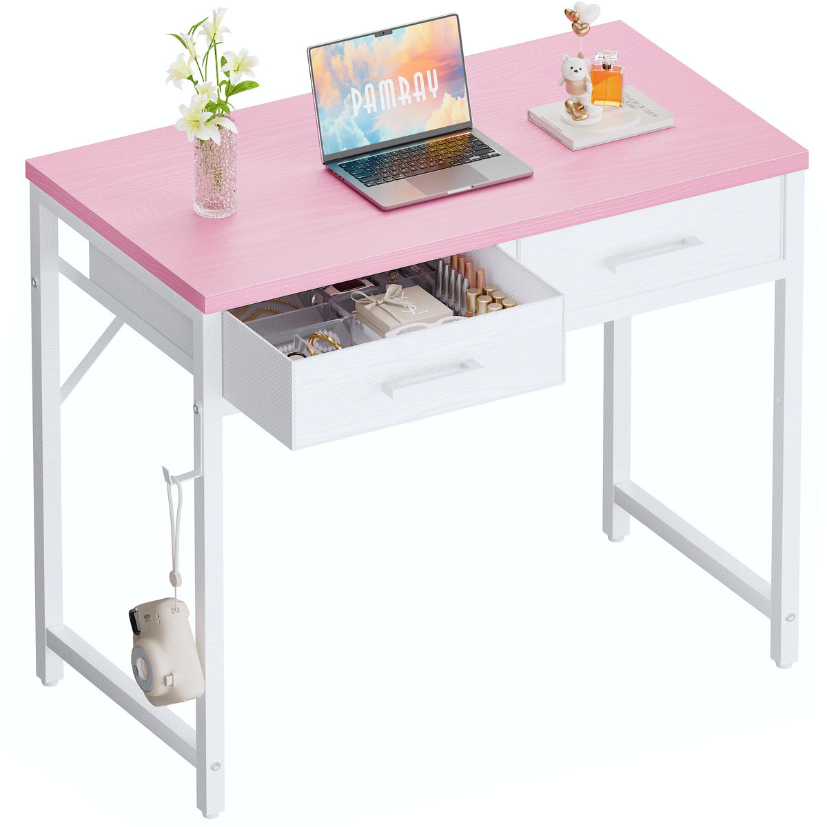 Pamray 32inch pink desk front view, perfect for compact bedrooms and home offices.