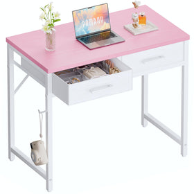 Pamray 32inch pink desk front view, perfect for compact bedrooms and home offices.