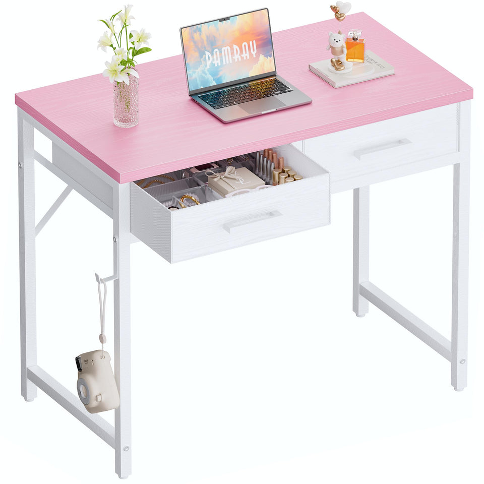 Pamray 32inch pink desk front view, perfect for compact bedrooms and home offices.