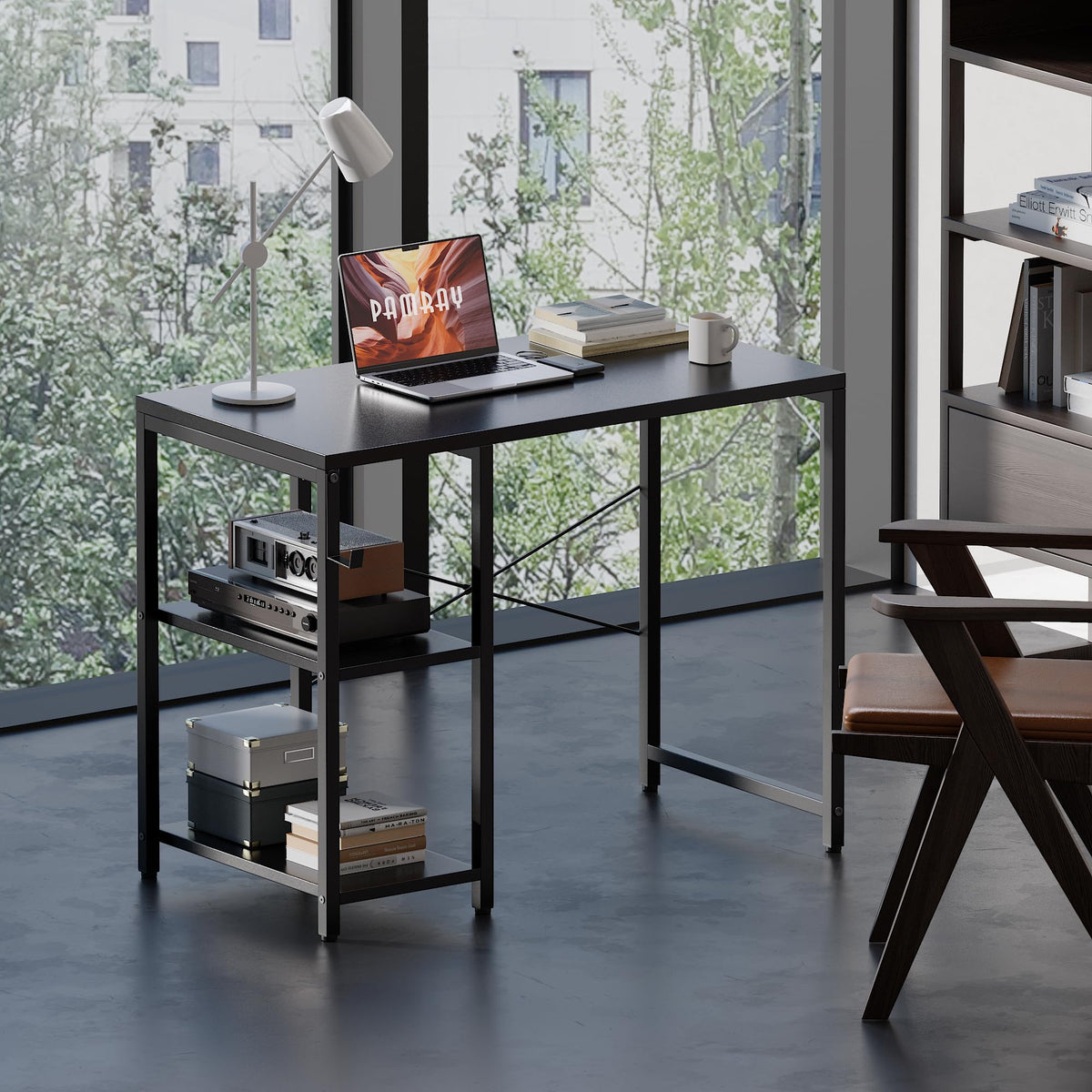 Pamray 32-inch desk with right shelves, maximize storage in small spaces.