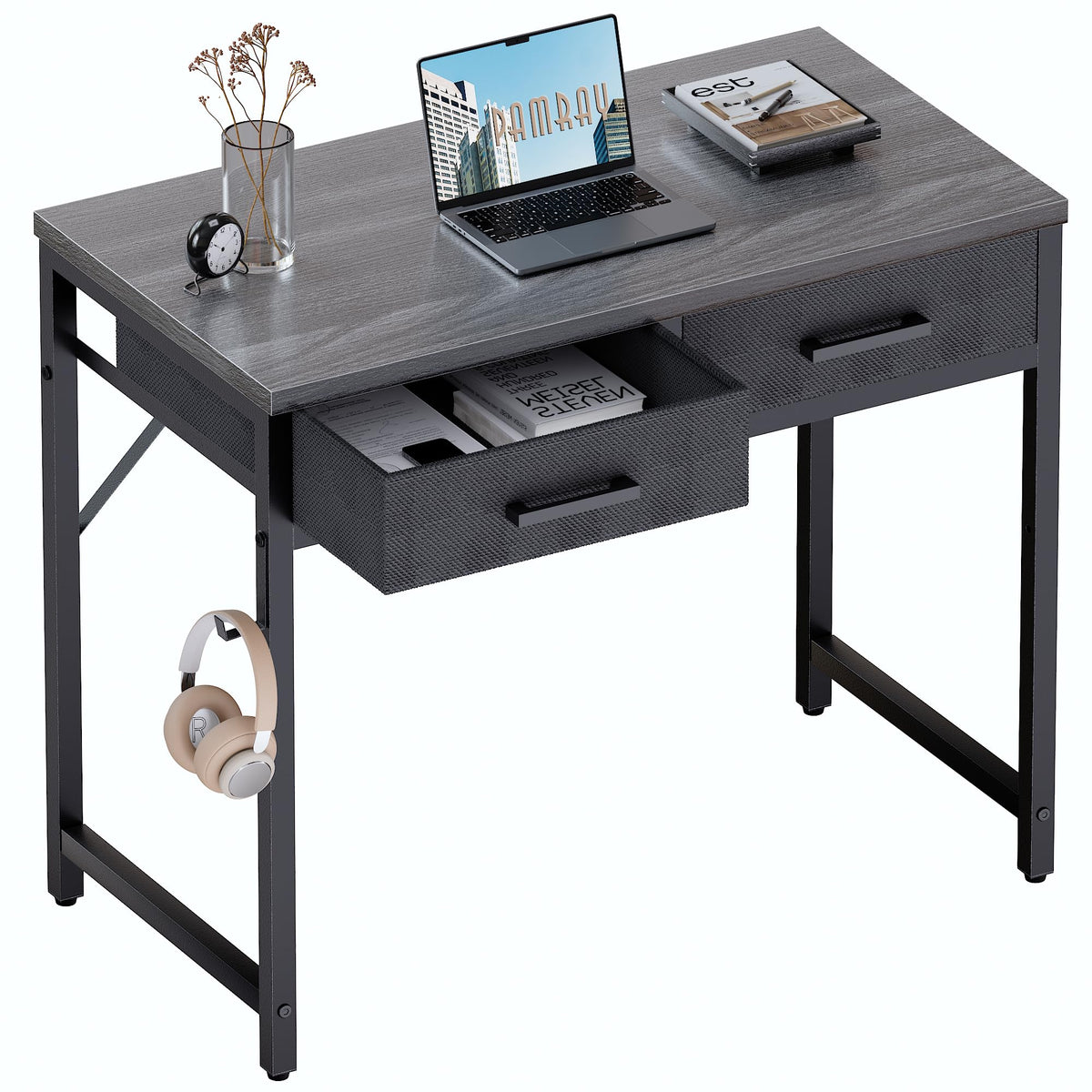 Pamray 32-inch desk front view grey, compact workspace for small spaces.