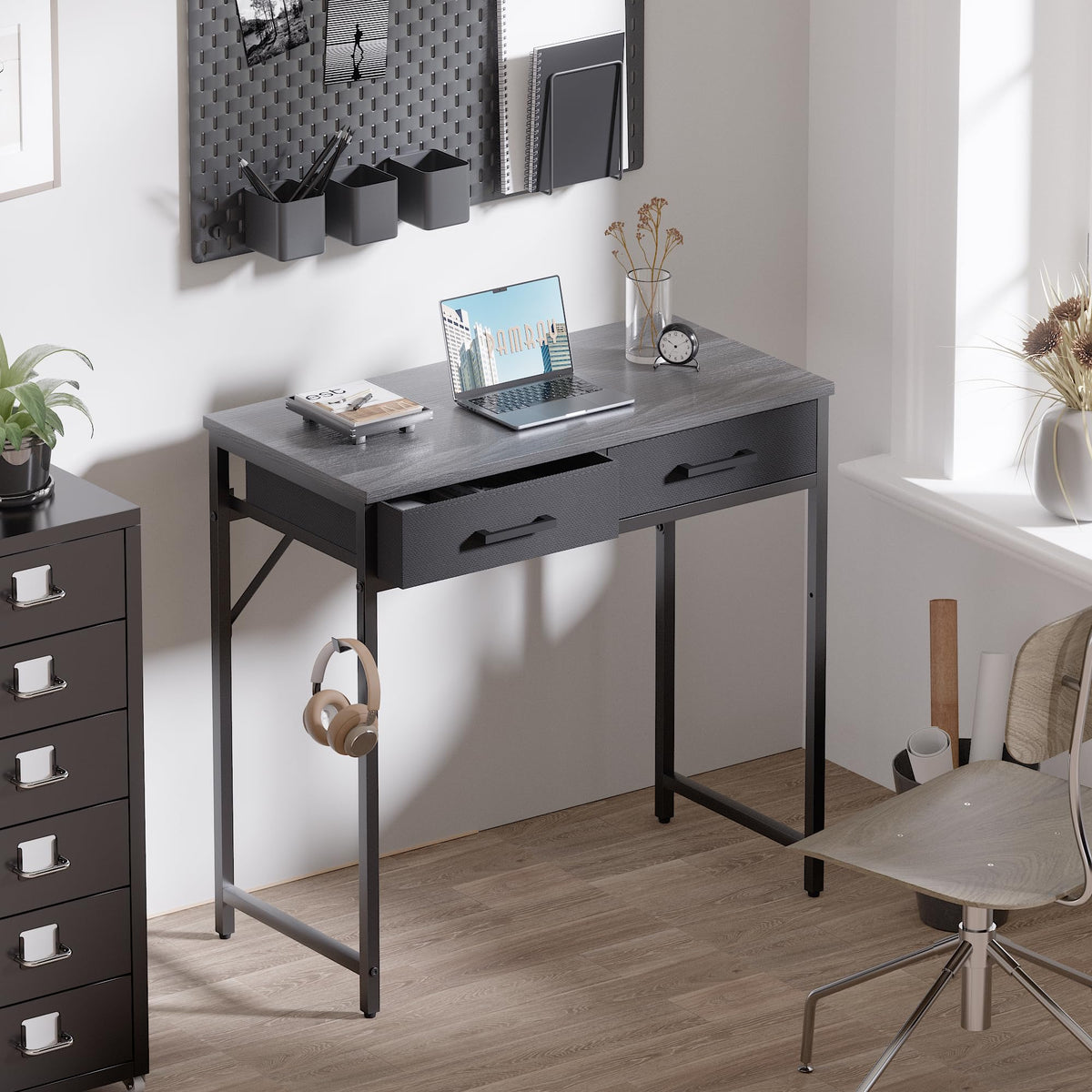 Pamray 32-inch desk with two fabric drawers grey, convenient storage.