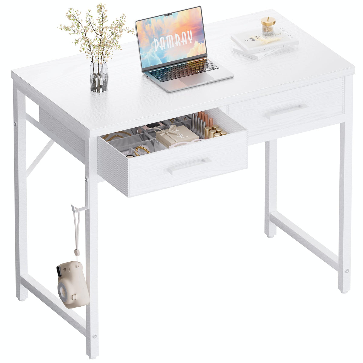 Pamray 32-inch small desk white, compact workspace for tight spaces.