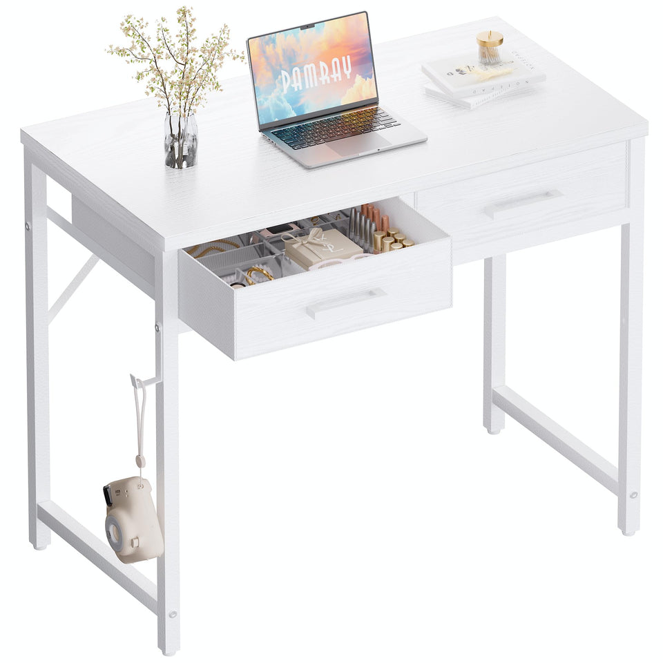 Pamray 32-inch small desk white, compact workspace for tight spaces.