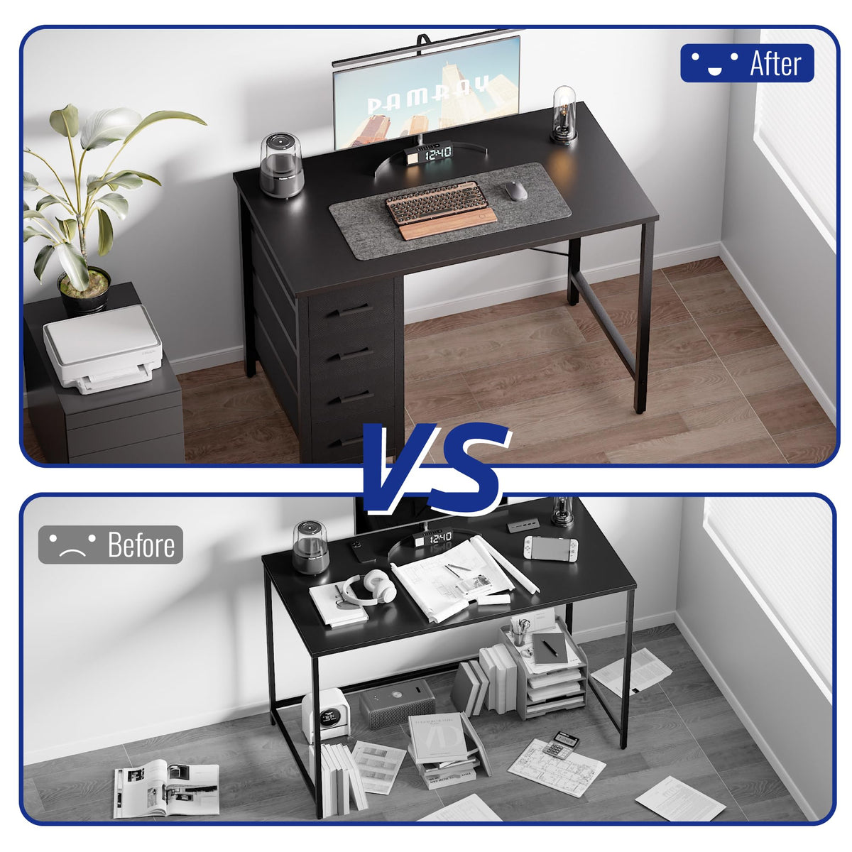 Pamray compact desk in bedroom setting illustrating space-saving design