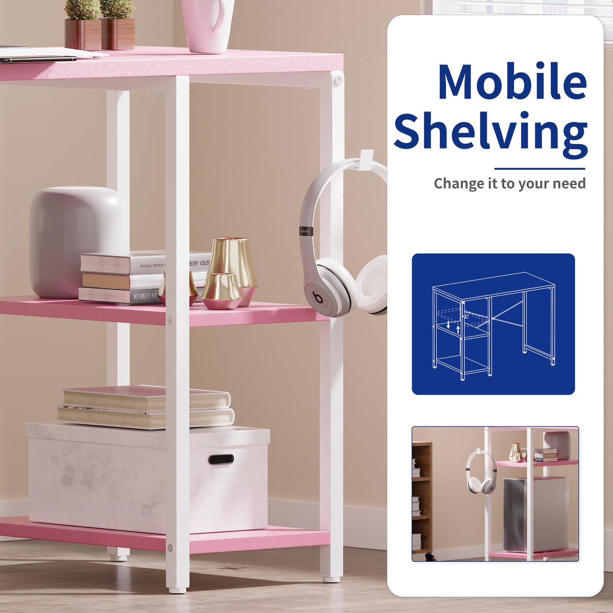 Pamray desk shows adjustable shelves left and right for flexible setup