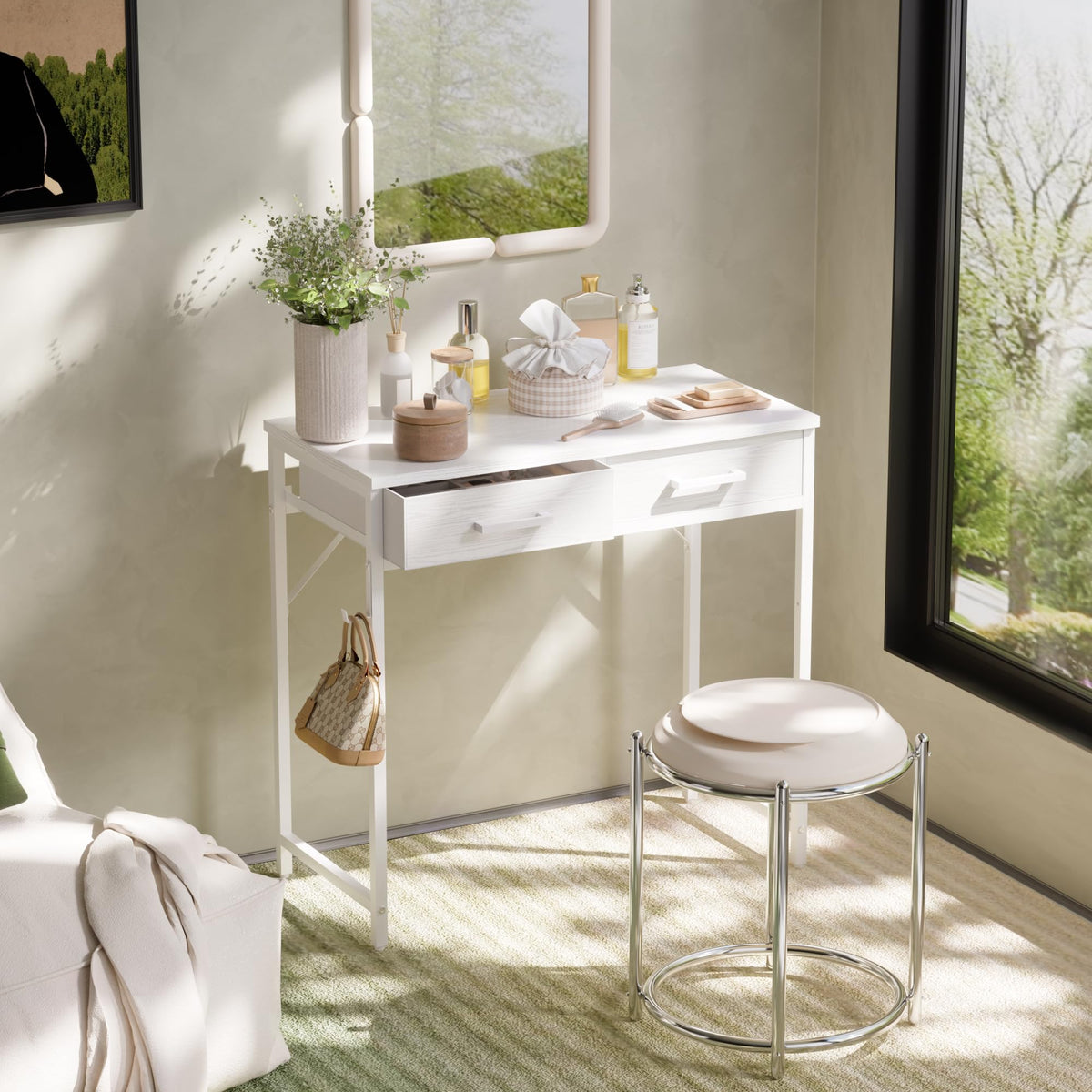 Pamray desk with fabric drawers provides soft storage for stationery and cables.
