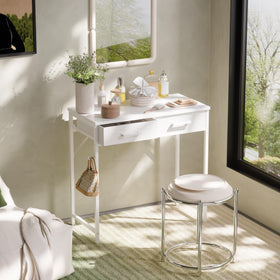 Pamray desk with fabric drawers provides soft storage for stationery and cables.