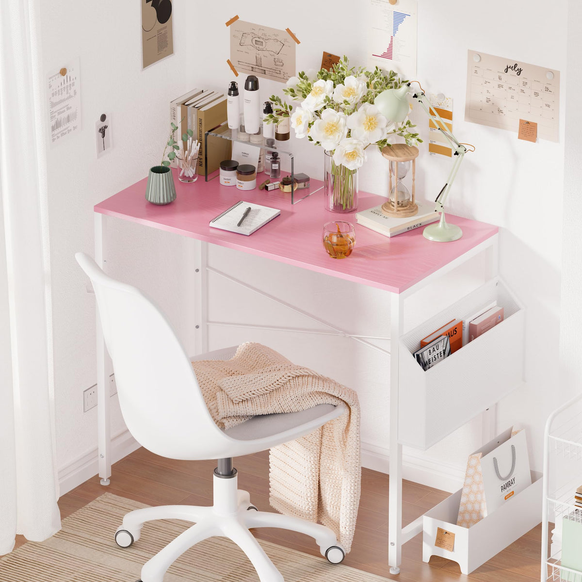 Pamray desk with storage bag and headphone hook for organized workspace