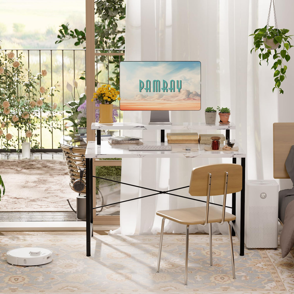 Pamray monitor stand provides elevated viewing for ergonomic setup.