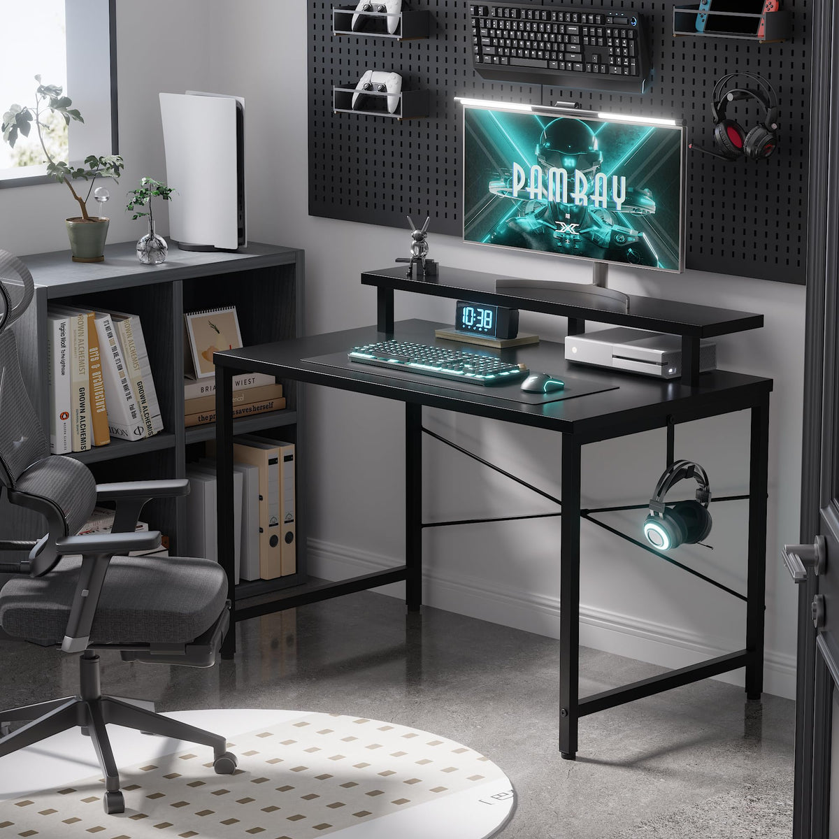 Pamray small desk with headphone hook keeps accessories organized and within reach.