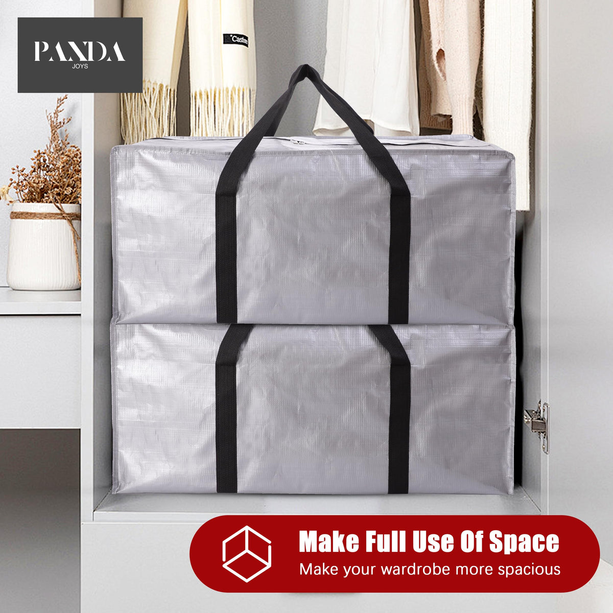PANDA JOYS bags stacked in a closet for space-saving storage.