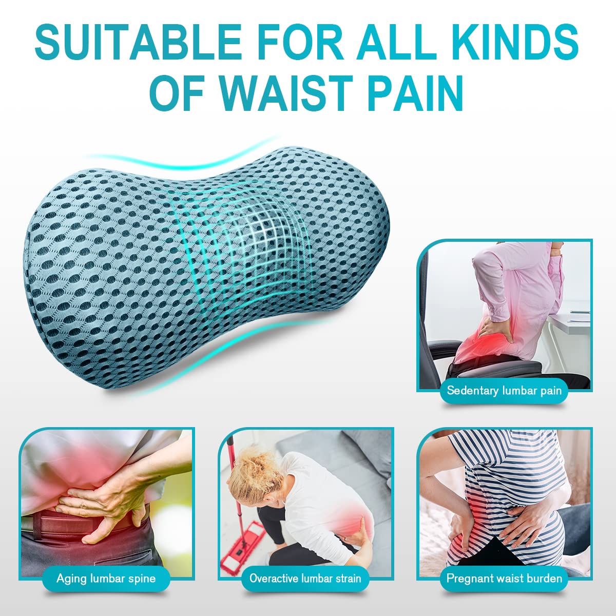 Blue Panduo lumbar pillow with contrast stitch for back support during work