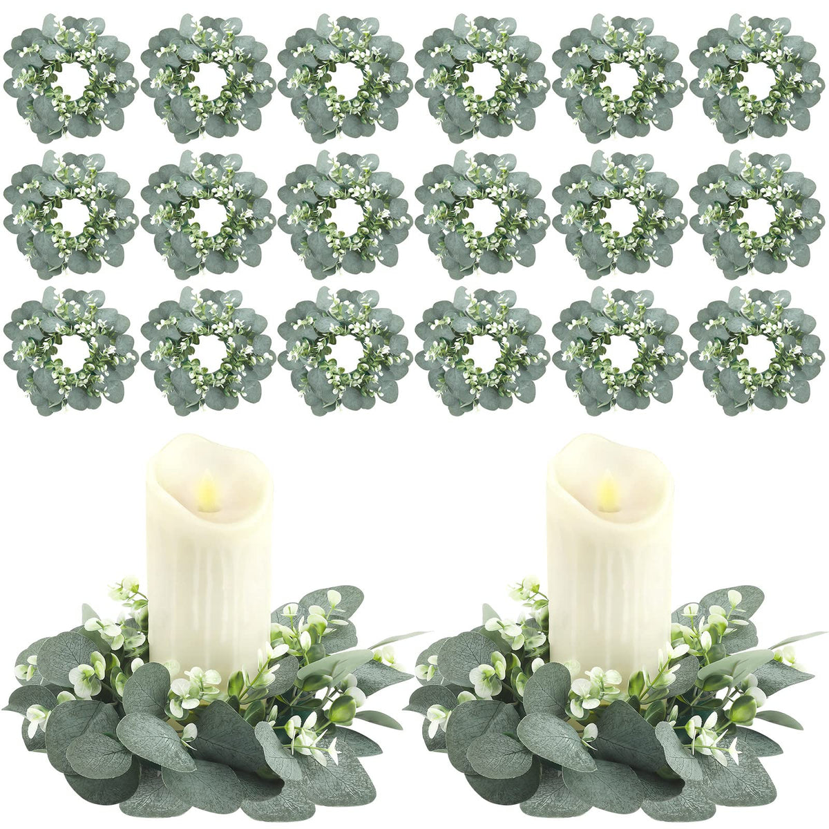 Panelee eucalyptus candle ring close-up texture highlights lifelike leaves for wedding decor and home ambiance.
