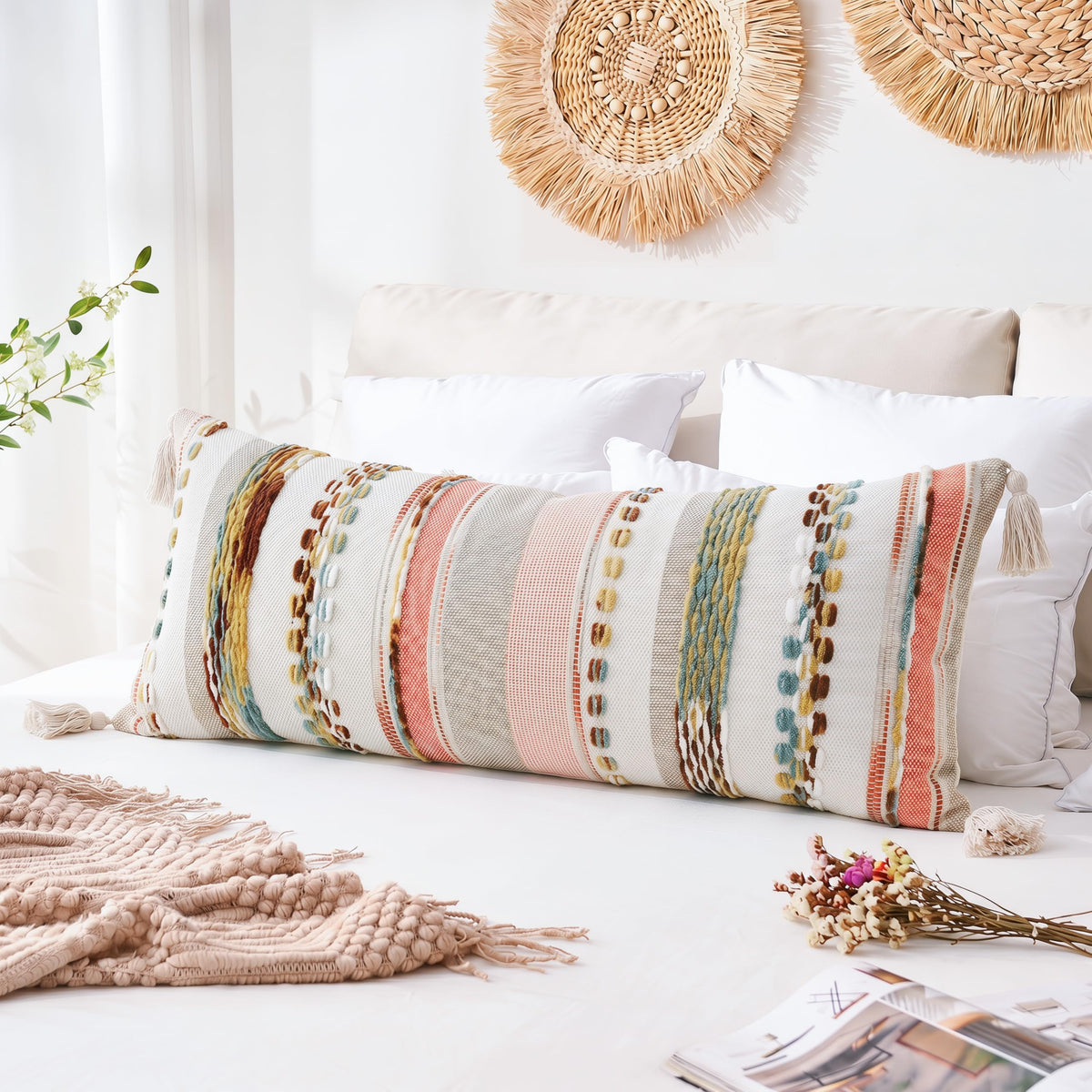 PANOD long lumbar pillow cover suits Bohemian and farmhouse interiors.