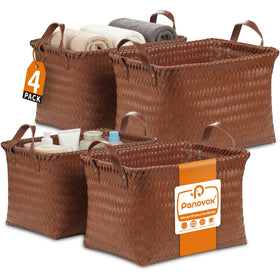 Panovox hand-woven rectangular storage basket on shelf for organized living space