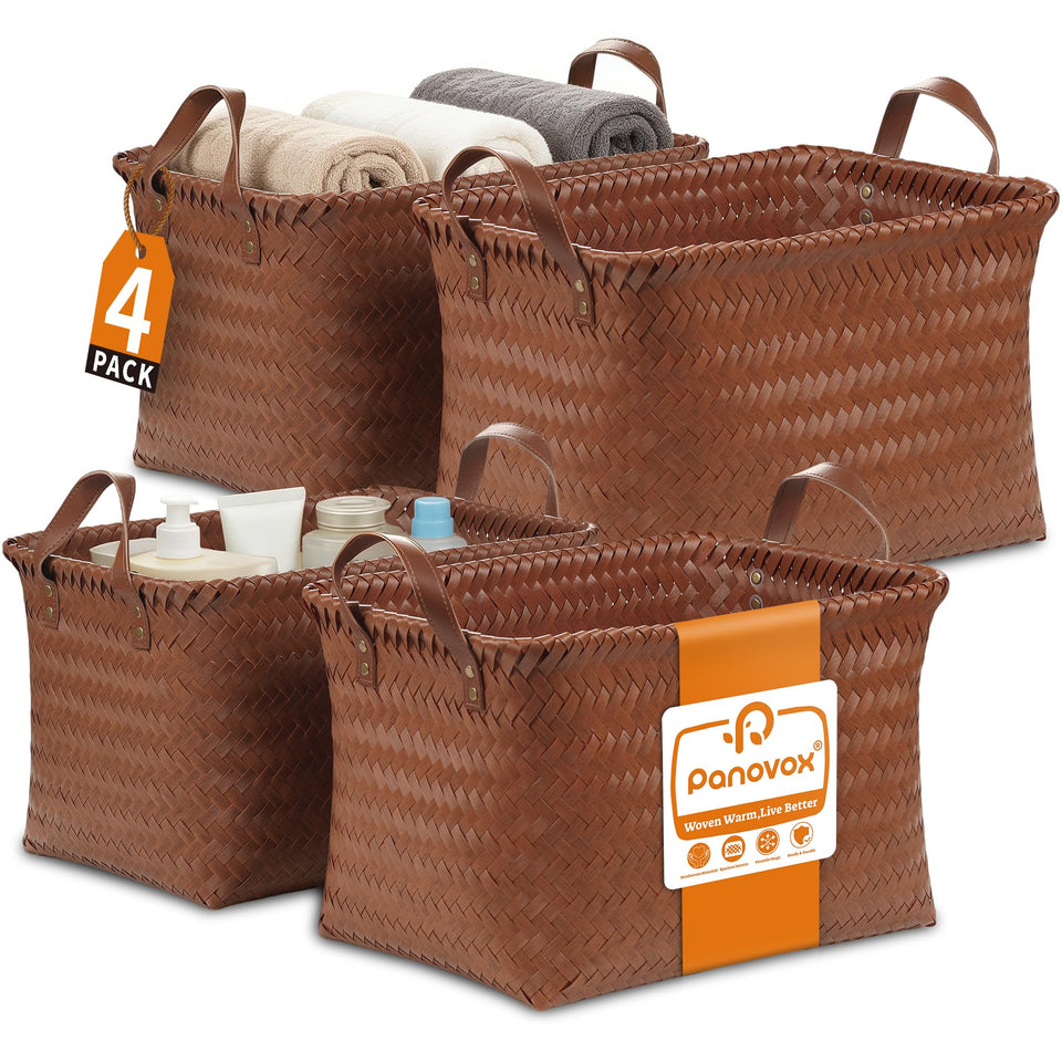 Panovox hand-woven rectangular storage basket on shelf for organized living space