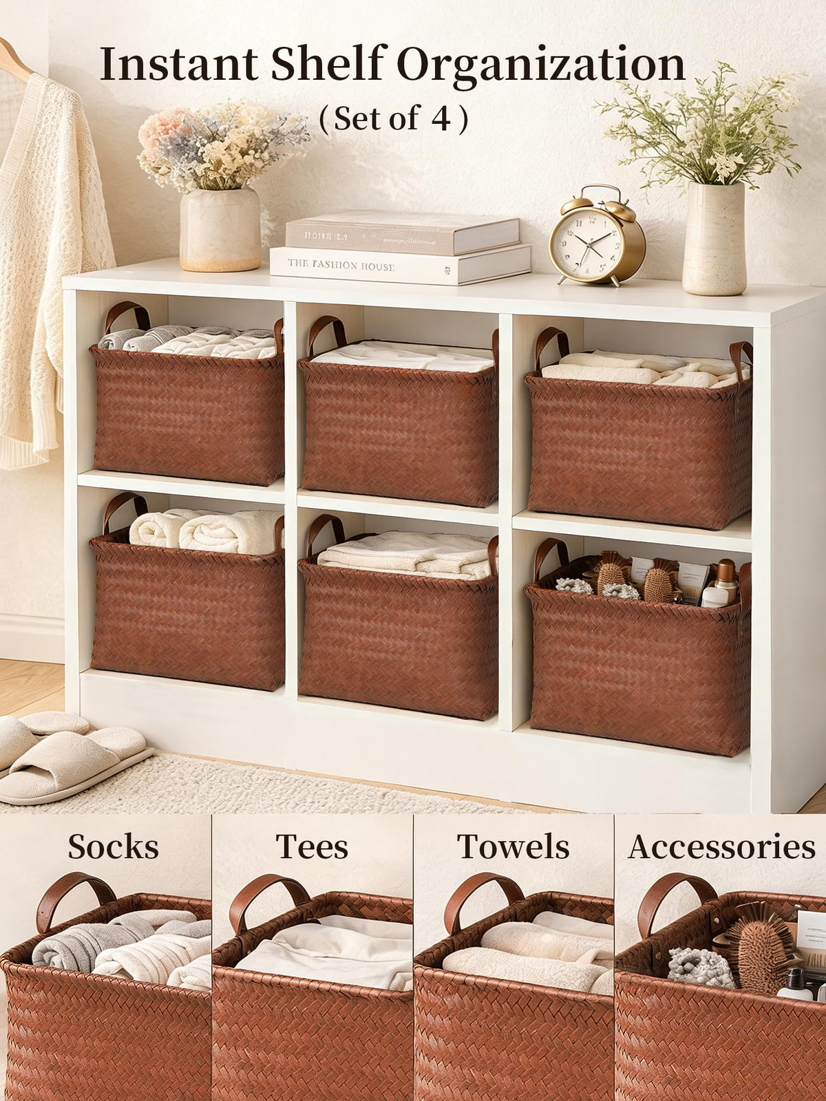 Panovox hand-woven rectangular storage basket on open shelf with upright form