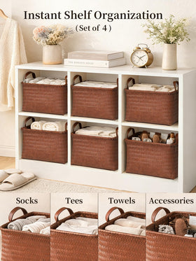 Panovox hand-woven rectangular storage basket on open shelf with upright form