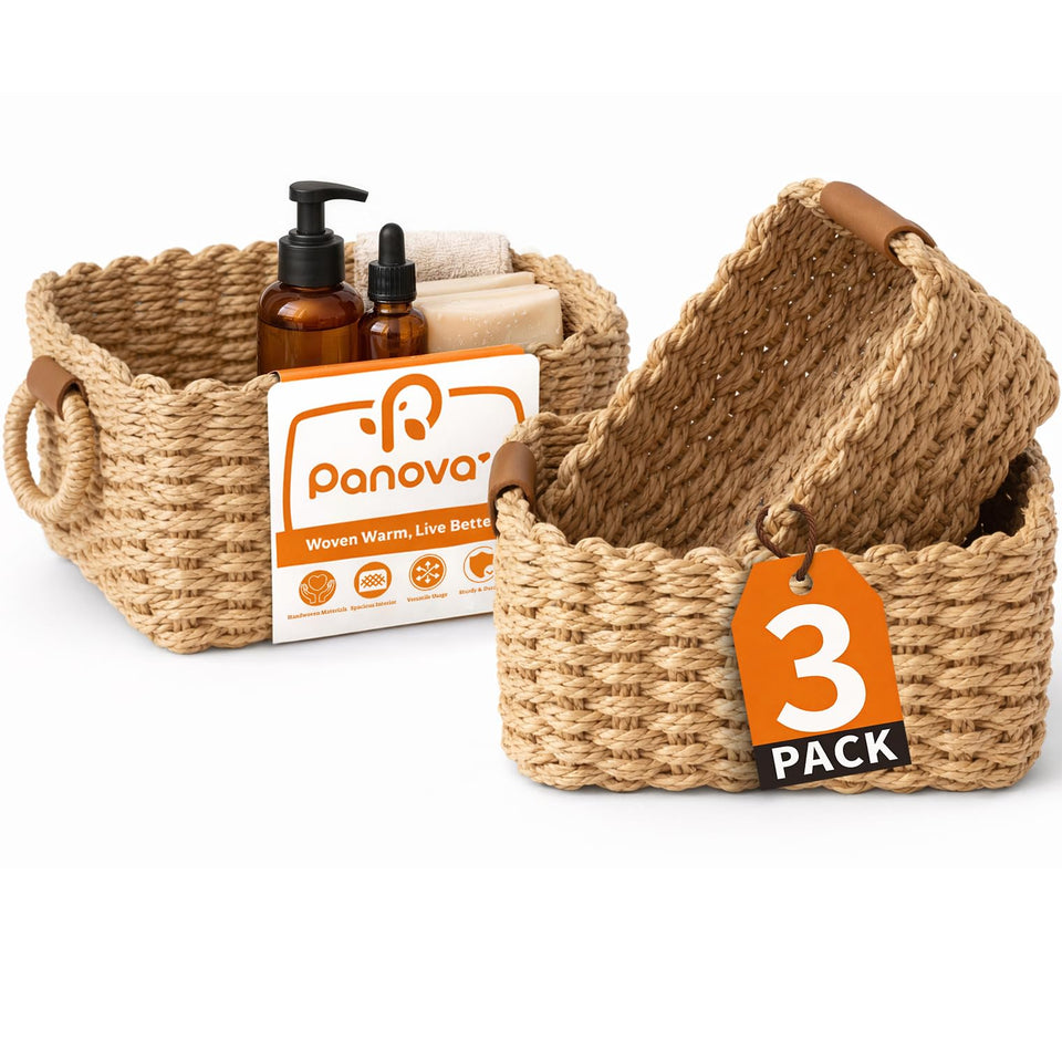 Panovox storage basket trio close-up weave showing eco-friendly texture for chic organization.